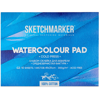 Блок бумаги для акварели "Sketchmarker", А3, 300 г/м2, 10 листов, среднезернистая