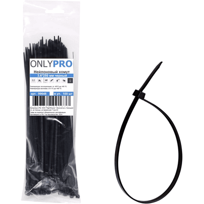 Хомут нейлоновый OnlyPro, 2.5х100 мм, черный, 100 шт/упак 