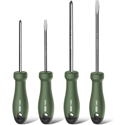 Набор отверток Deli HS HT1004L, 4 шт. ( PH1х100,PH2х150,SL5х100,SL6х150), Soft Touch, зеленый