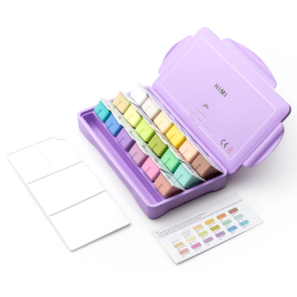 Краски гуашевые "Himi Jelly Cup. Pastel colors", 18 цветов, кювета, фиолетовый футляр