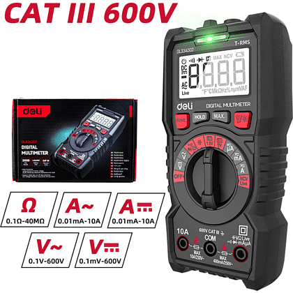 Мультиметр цифровой Deli RS EDL334302, 600В, универсальный - 9