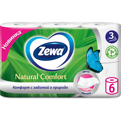 Бумага туалетная "Zewa Natural Comfort", 3 слоя, 6 рулонов