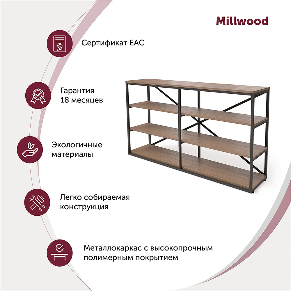 Стеллаж "Loft ОR-1", 1600х350х900 мм, черный, табачный крафт - 2