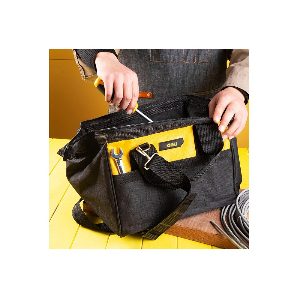 Сумка для инструментов Deli YS EDL-P1, 300х230х250 мм, ткань Oxford, черный, желтый - 10