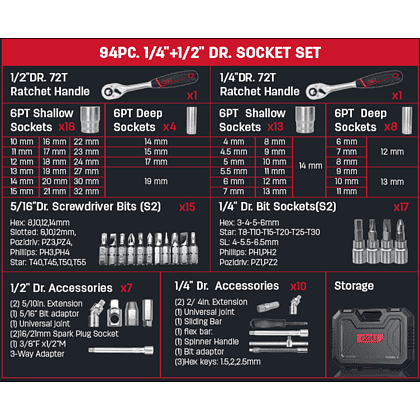 Набор инструмента 1/4", 1/2" Deli RS EDQ44094, 94 предмета - 3