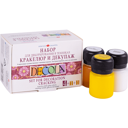 Краска акриловая "Декола", набор 4 цвета, 20 мл, банки, кракелюрный лак и клей для декупажа - 2
