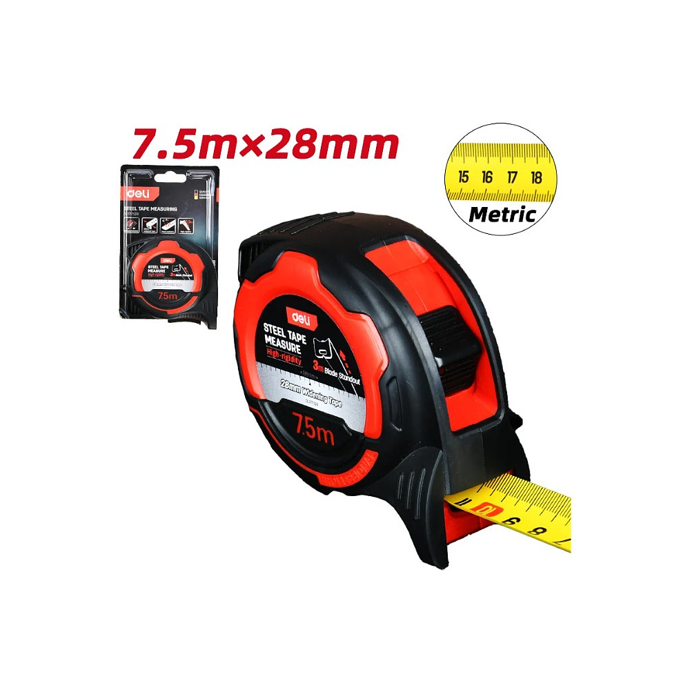 Рулетка Deli RS EDL377528Y, 7,5 м х 28 мм, красный, черный - 2