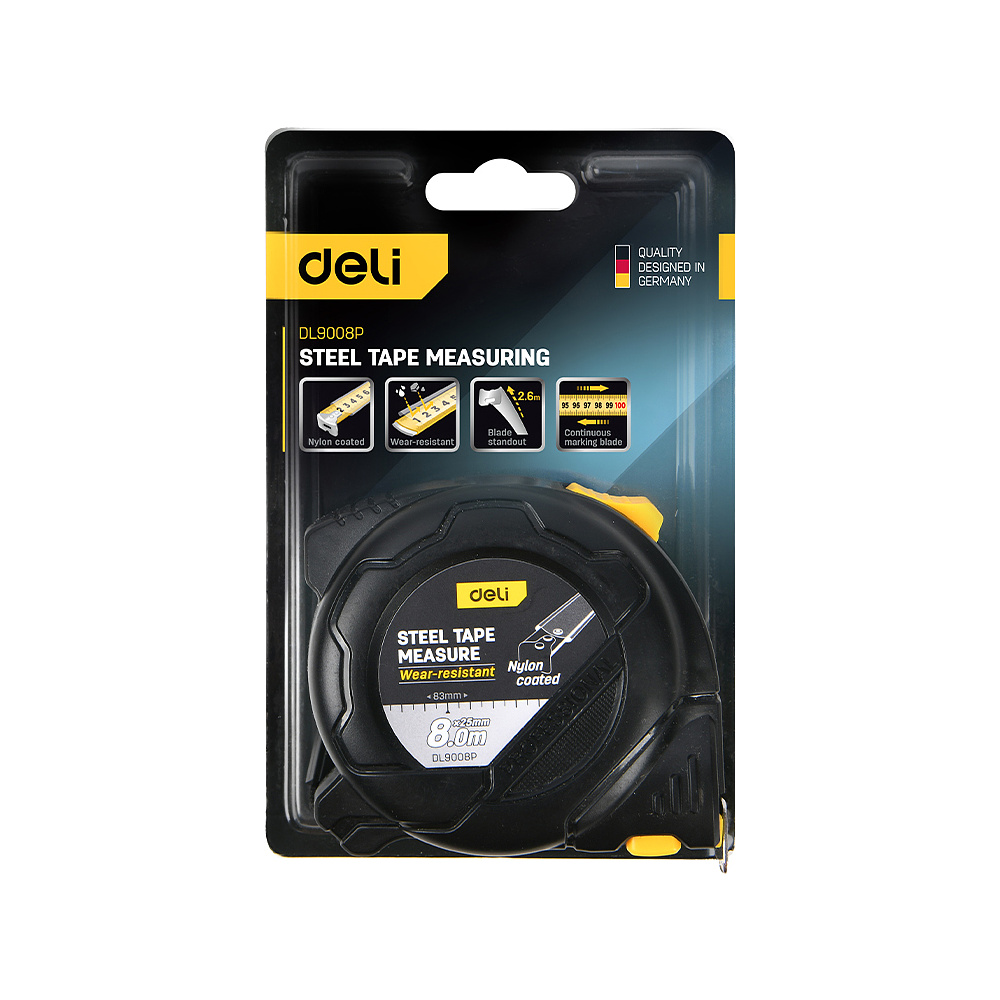 Рулетка "Deli 9008P" 8 м, черный, желтый - 3