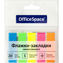 Закладки пластиковые "Office Space",12x45 мм, 5 цв.x20 шт, ассорти неон