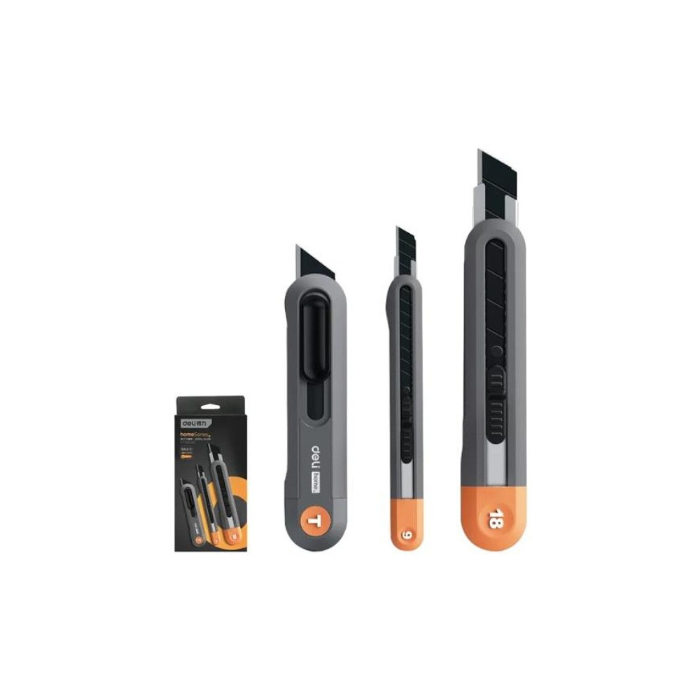 Набор ножей строительных Deli HS EHT4003C, 3 шт (ножи 9мм/18мм/трапеция), Soft Touch, оранжевый