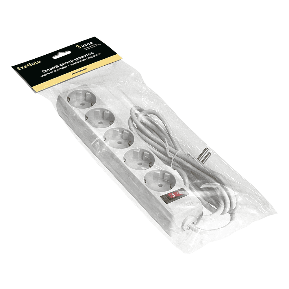 Сетевой фильтр ExeGate SP-5-3W, EX221187RUS, 5 розеток, 3 м, белый - 2