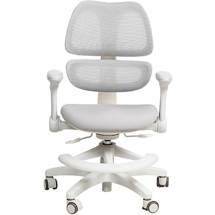 Кресло детское Ergosmart Antey, ткань, пластик, корпус белый, подставка для ног, с чехлом розовым, серый