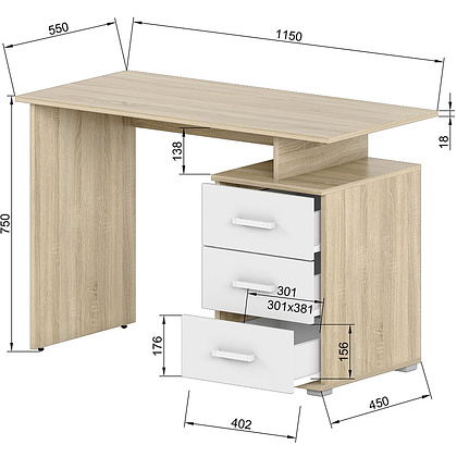 Коллекция ОСЛО Стол письменный Д-СП1, 1150х550х750, белый, дуб сонома - 3