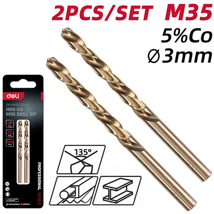 Сверло по металлу Deli RS EDH-MHZ030-E2, 2 шт, 3.0 мм, DIN 338, HSCo 5% - 2
