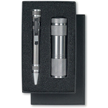 Набор фонарик LED+ручка-отвертка "Combitool", серый, серебристый 