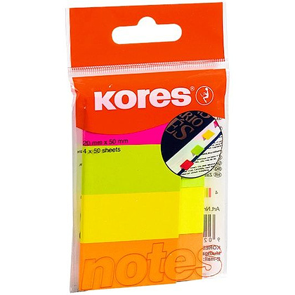 Закладки бумажные клейкие "Kores Notes", 20x50 мм, 200 шт, ассорти