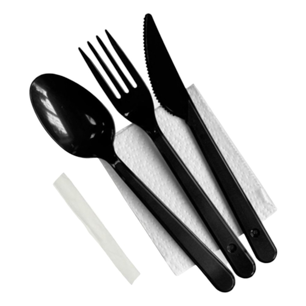 Набор приборов одноразовых (вилка+ложка ст.+нож+салфетка+зубочистка), 200 шт/упак, пластик, черный