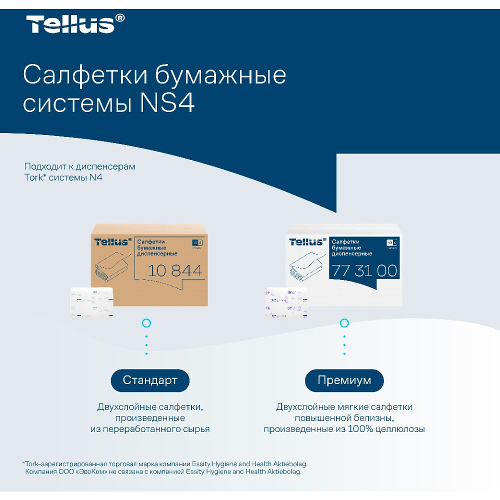 Салфетки Tellus Стандарт NS4, для диспенсера, 200 листов, 2 слоя, белый - 12