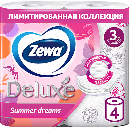 Бумага туалетная "Zewa Deluxe", 3 слоя, 4 рулона - 2