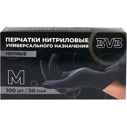 Перчатки нитриловые неопудренные одноразовые BVB, р-р M, 100 шт./уп., черный - 2