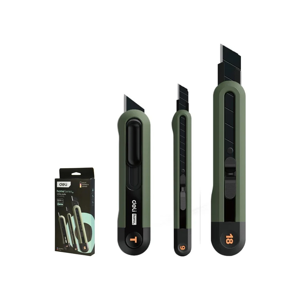 Набор ножей строительных Deli HSEHT4003L, 3 шт (ножи 9мм/18мм/трапеция), Soft Touch, зеленый
