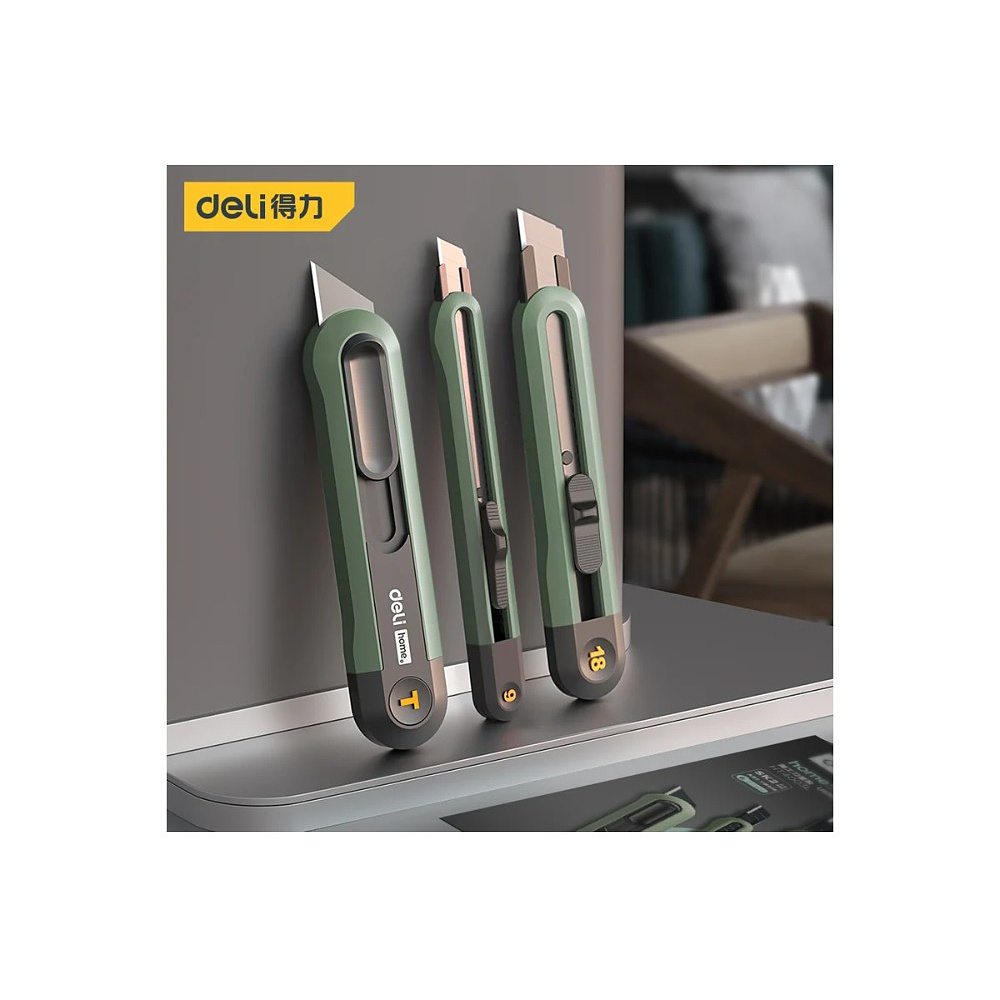 Набор ножей строительных Deli HSEHT4003L, 3 шт (ножи 9мм/18мм/трапеция), Soft Touch, зеленый - 3