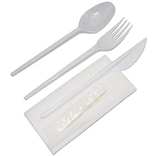 Набор приборов одноразовых (вилка, ложка, нож, салфетка, зубочистка), 300шт/упак, пластик, белый