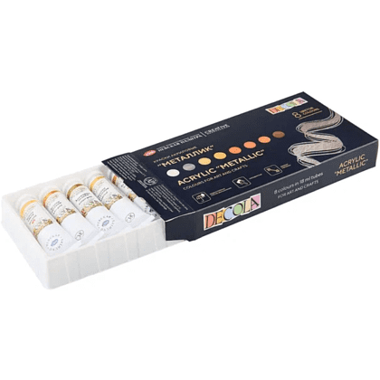 Краска акриловая металлик "Декола", набор 8 цветов, 18 мл, тубы - 10