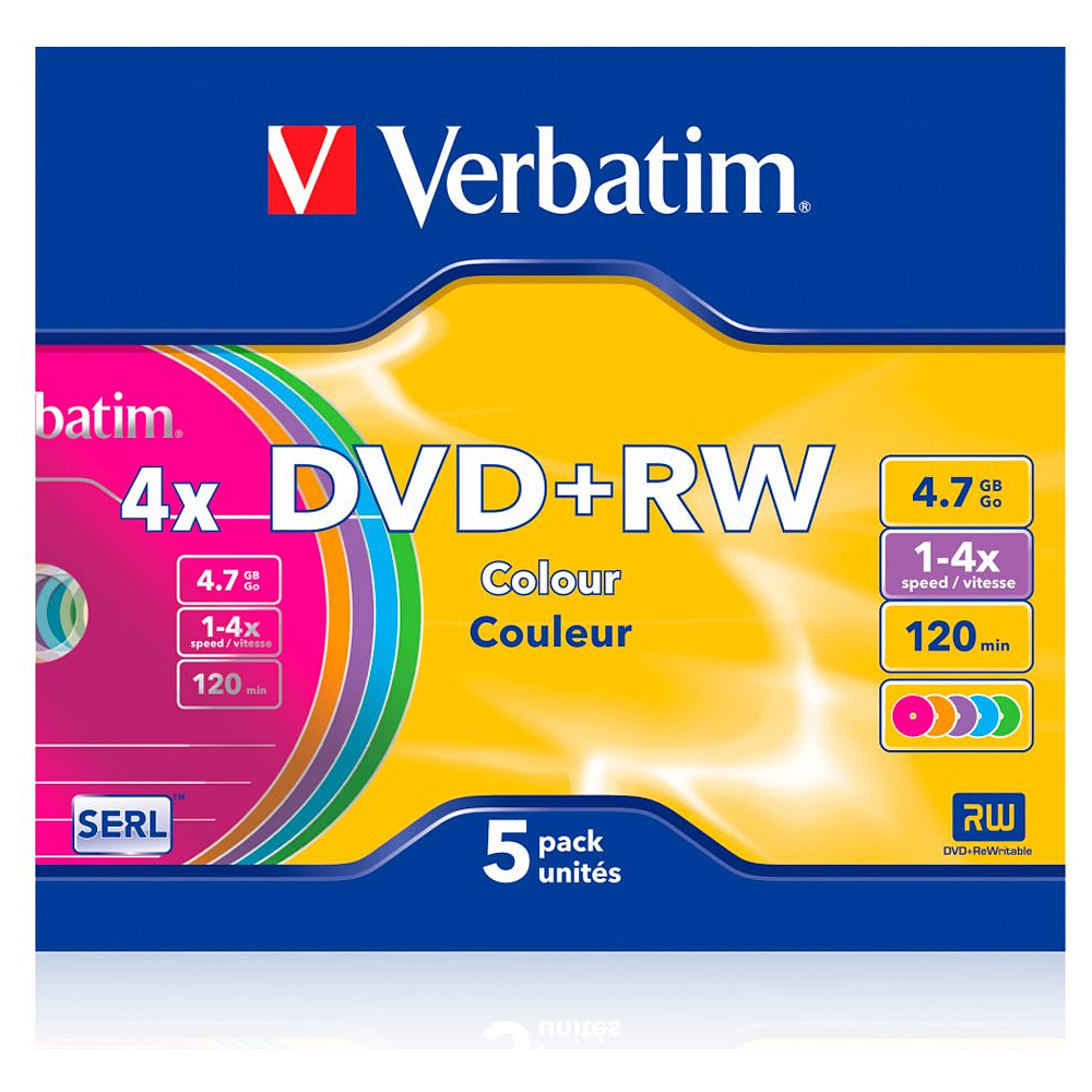Диск Verbatim "Slim Colours", DVD+RW , 4.7 гб, тонкий футляр (slim case), 5 шт