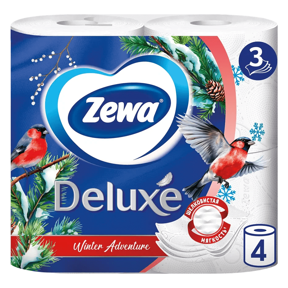 Бумага туалетная "Zewa Deluxe", 3 слоя, 4 рулона