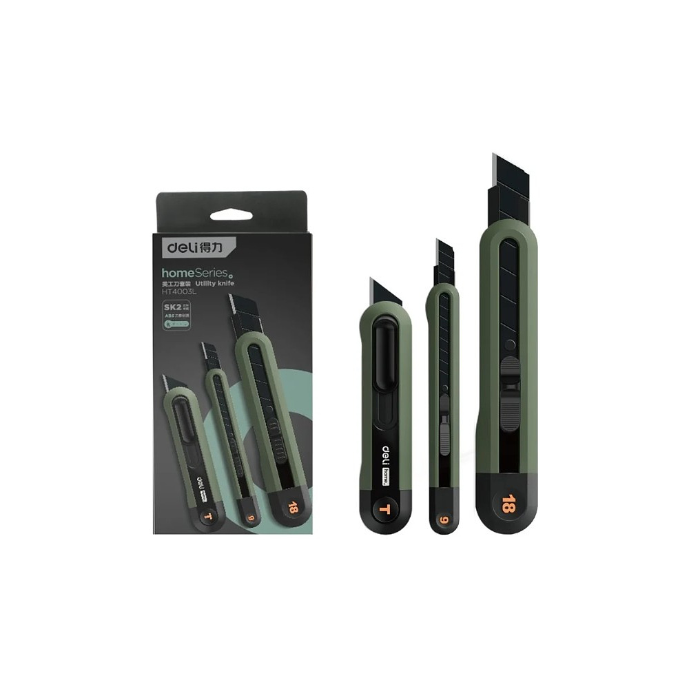 Набор ножей строительных Deli HSEHT4003L, 3 шт (ножи 9мм/18мм/трапеция), Soft Touch, зеленый - 2