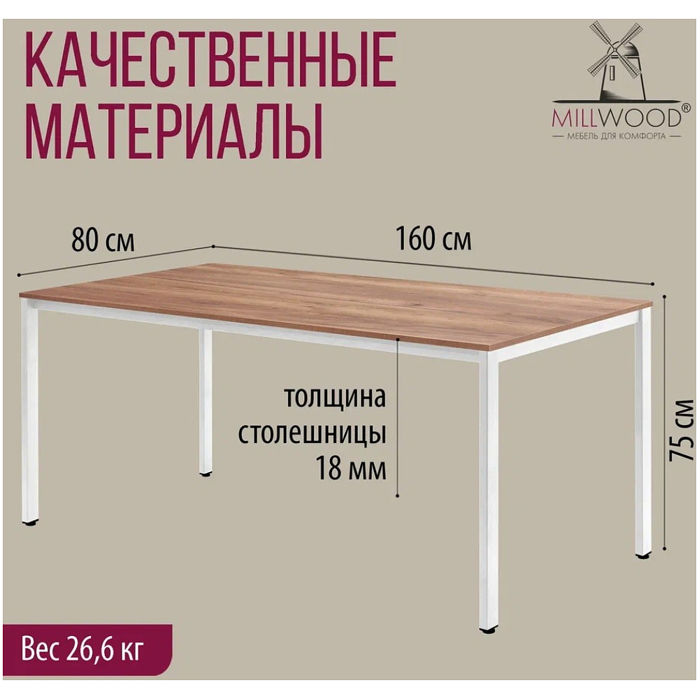 Стол Millwood Сеул, 1600х800 мм, дуб табачный крафт, белый - 4