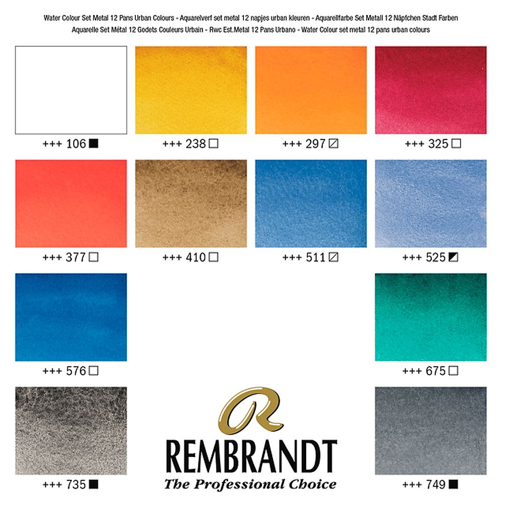 Набор красок акварельных пейзажных "Rembrandt", 12 цветов, кюветы - 2