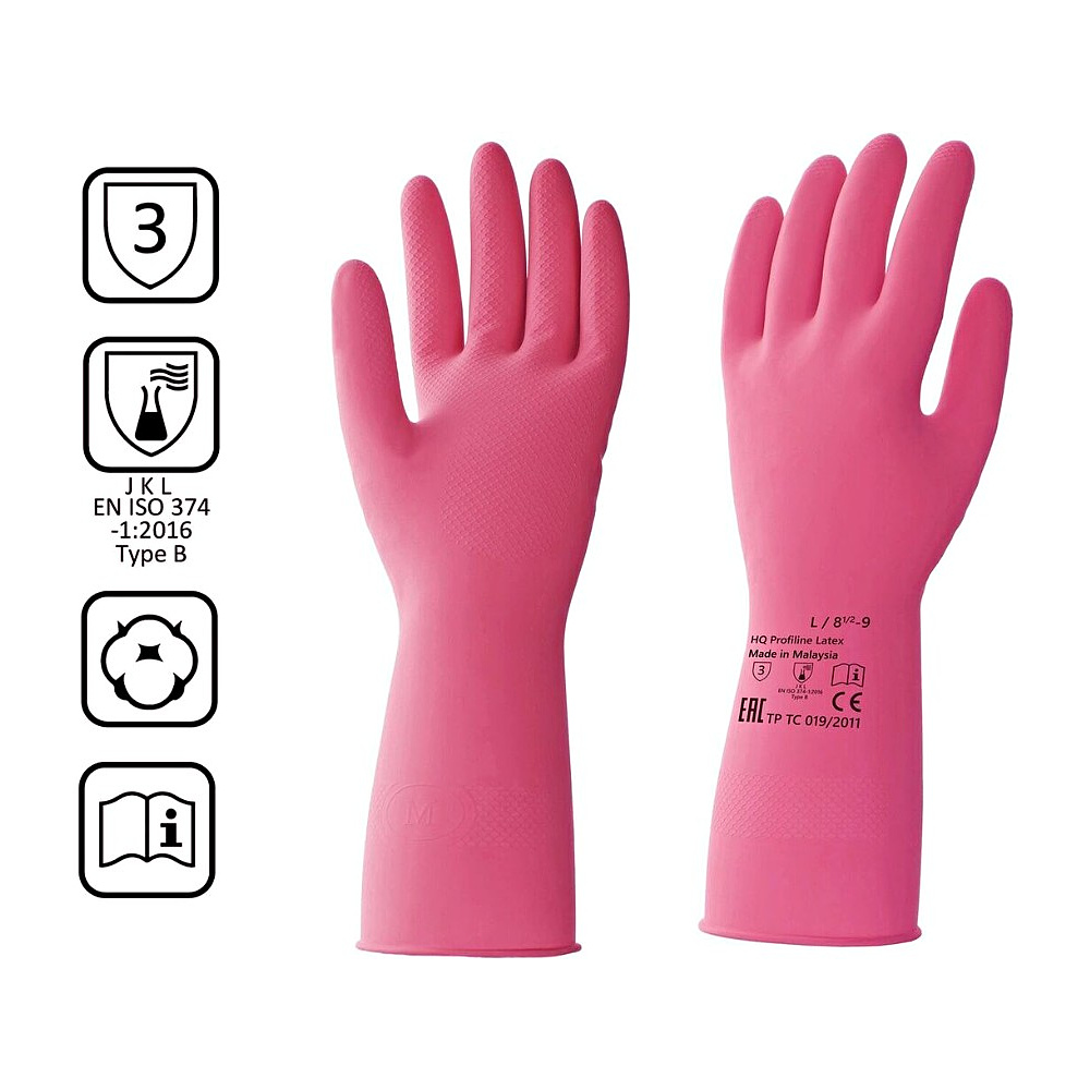 Перчатки латексные HQ Profiline, р-р L, с х/б покрытием, красный - 2