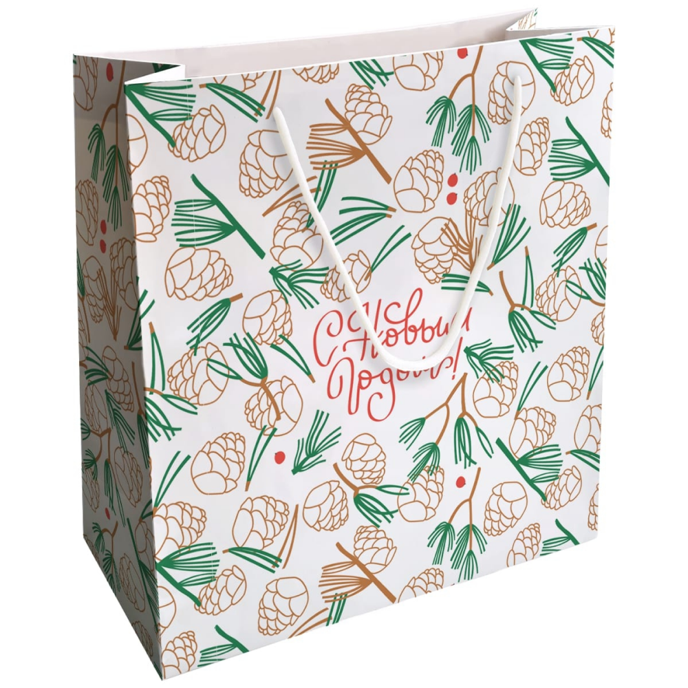 Пакет бумажный подарочный "Holidays. Шишки", 32х32х12 см, белый