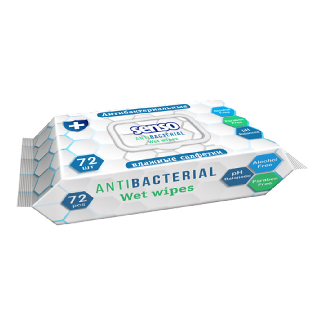 Салфетки влажные антибактериальные "Senso" с клапаном, 72 шт