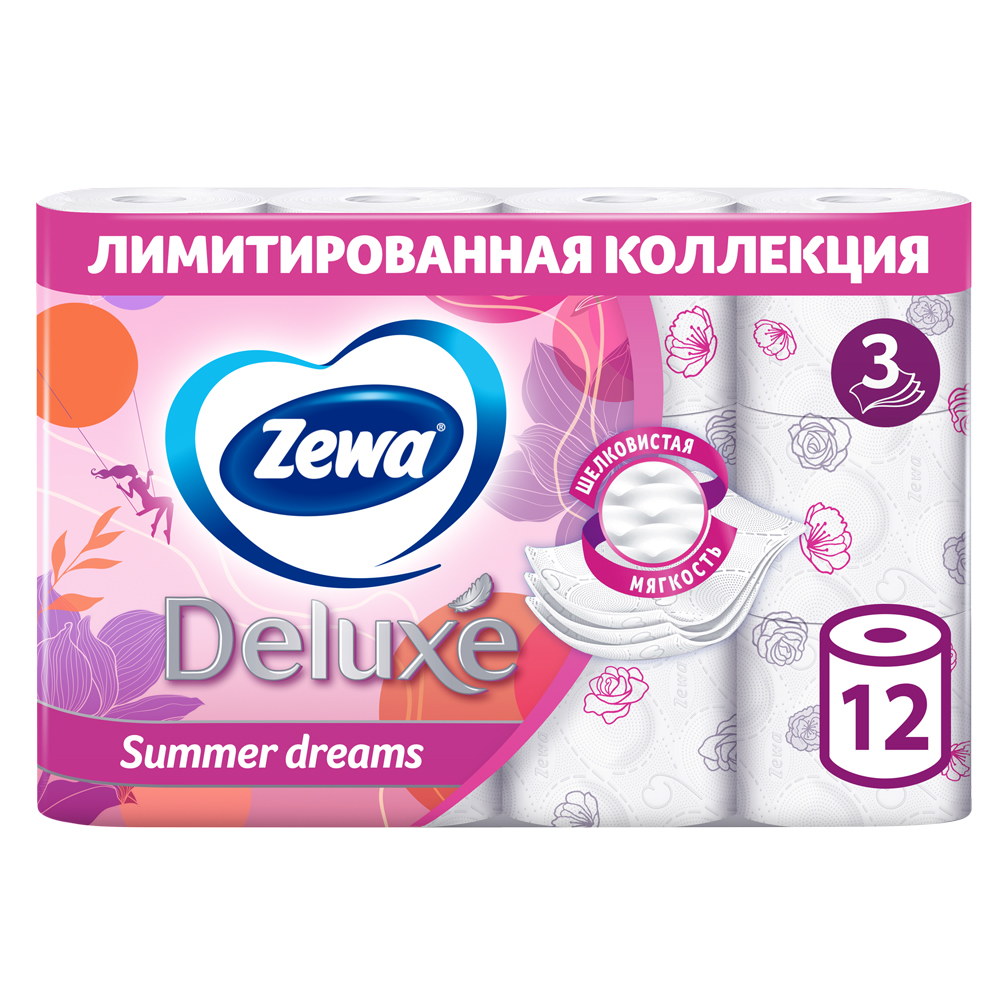 Бумага туалетная "Zewa Deluxe", 3 слоя, 12 рулонов