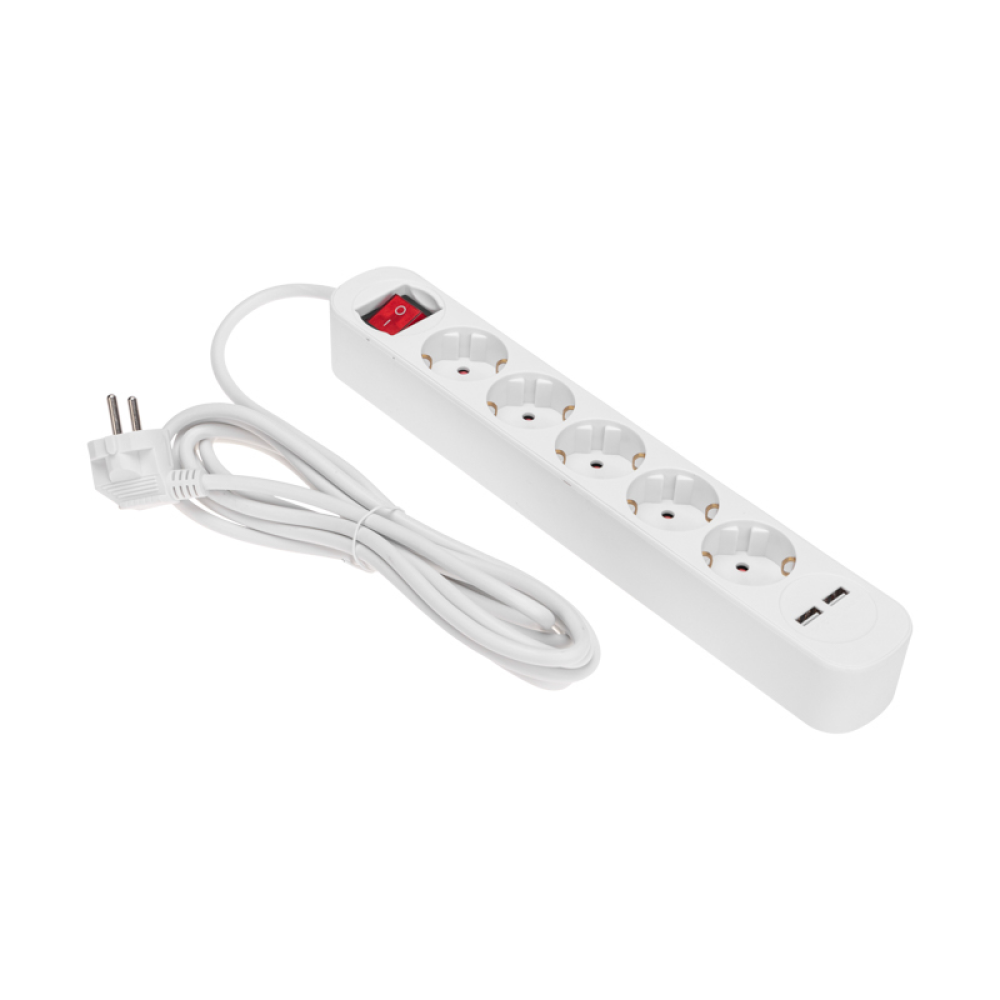 Удлинитель "Standard", 5 розеток, 2 USB, 16А, 3 м, белый