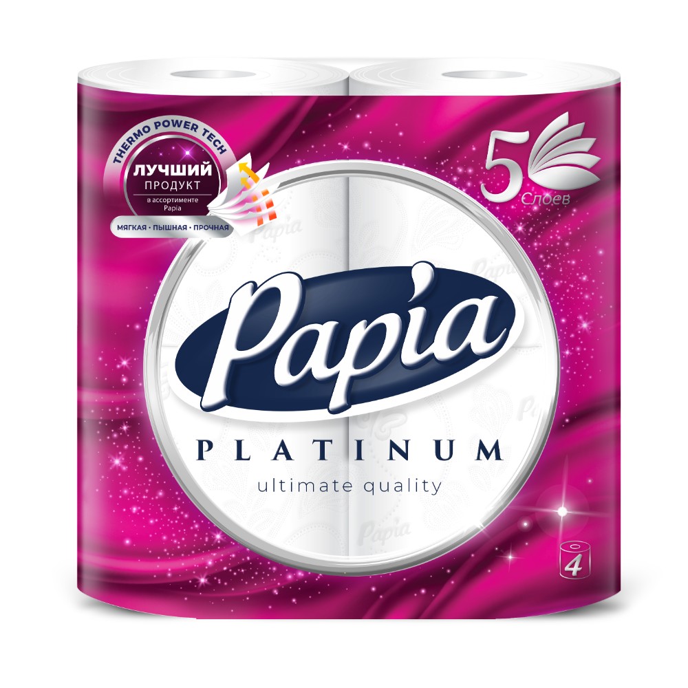 Бумага туалетная Papia Platinum, 11,9 м, 5 слоев, 4 рулона, 100% целлюлоза