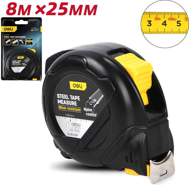 Рулетка "Deli 9008P" 8 м, черный, желтый - 2
