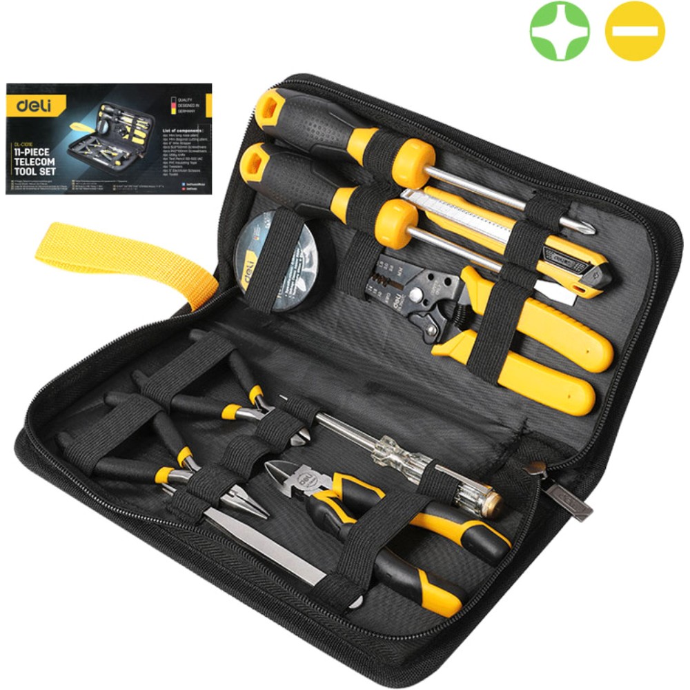 Набор ручного инструмента "Deli", 13 предметов, сумка, черный, желтый