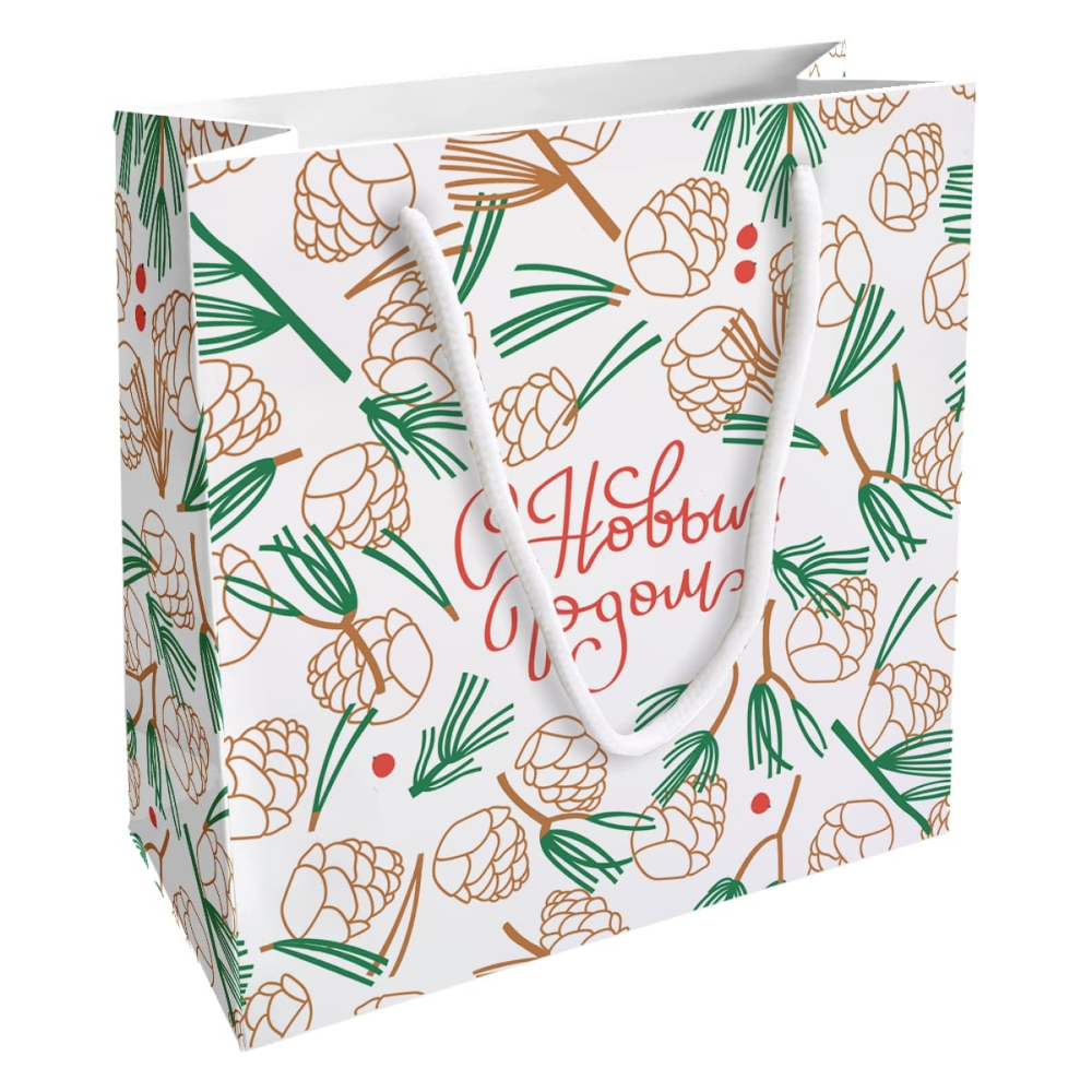 Пакет бумажный подарочный "Holidays. Шишки", 20х20х8 см, белый