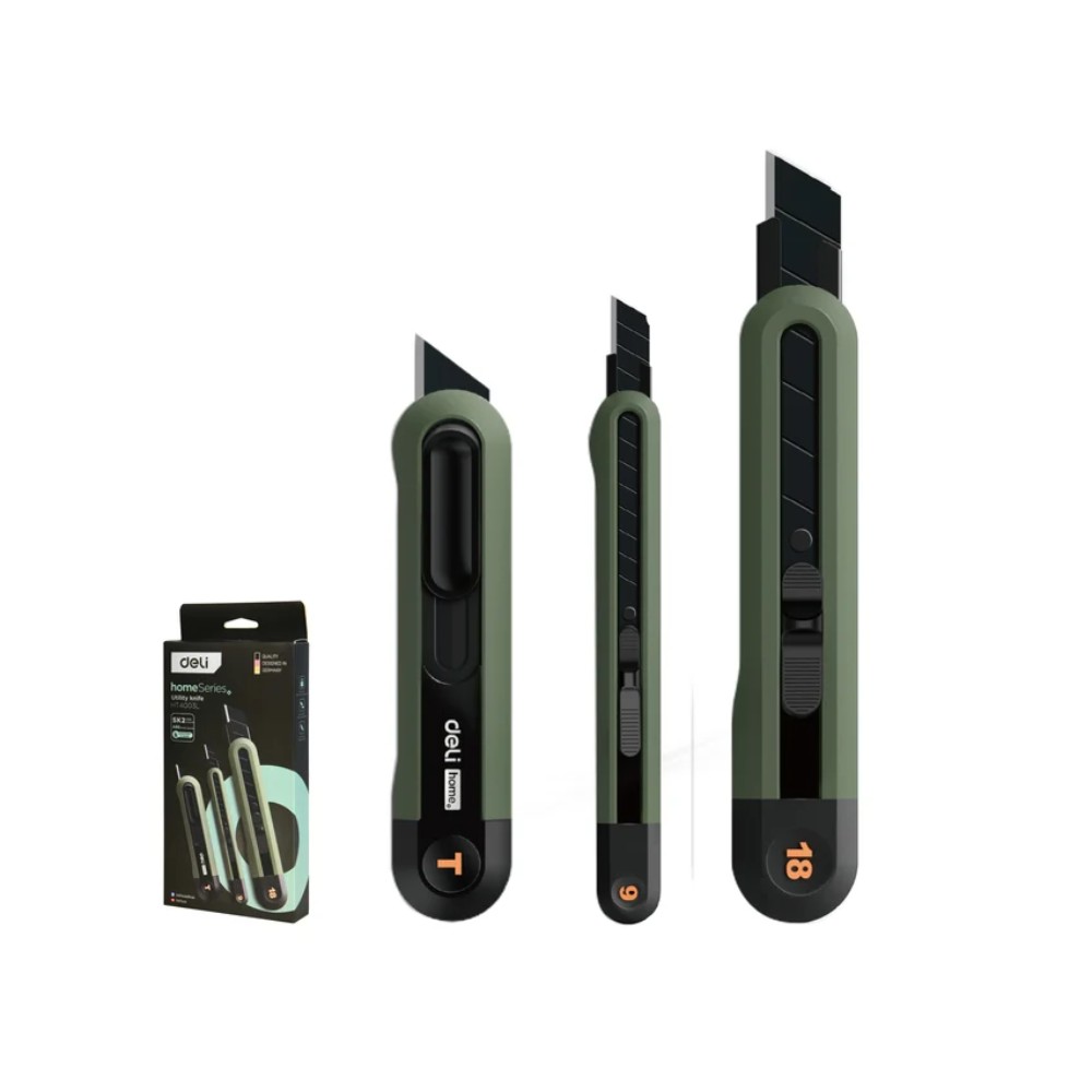 Набор ножей строительных Deli HSEHT4003L, 3 шт (ножи 9мм/18мм/трапеция), Soft Touch, зеленый