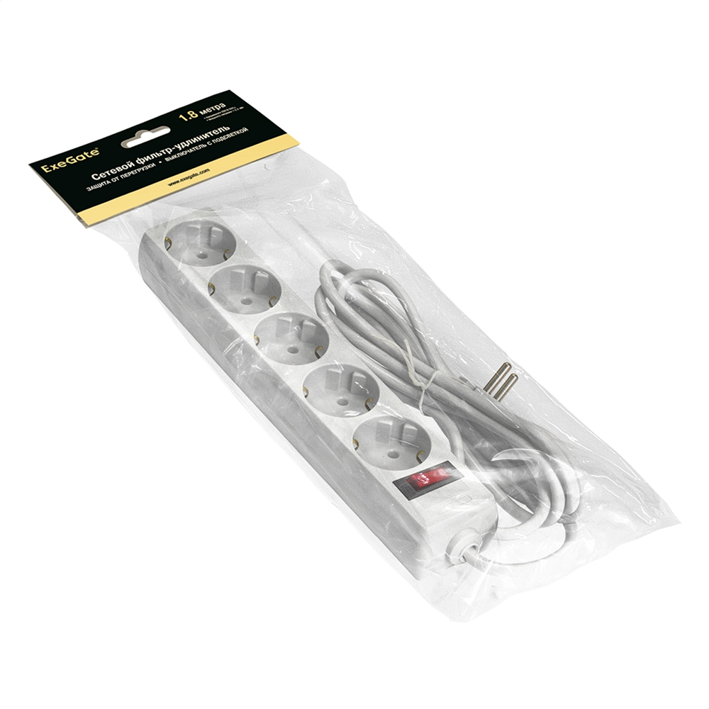 Сетевой фильтр ExeGate SP-5-1.8W, EX221174RUS, 5 розеток, 1.8 м, белый