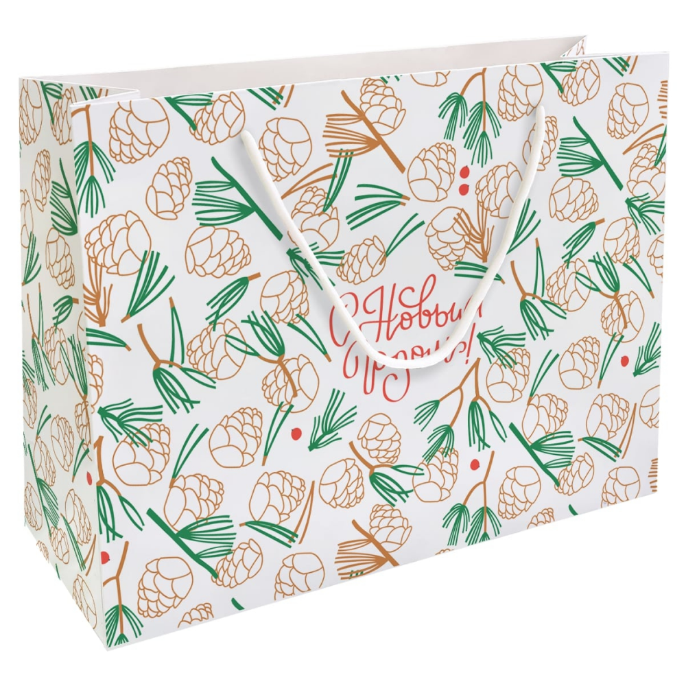 Пакет бумажный подарочный "Holidays. Шишки", 36х26х12 см, белый