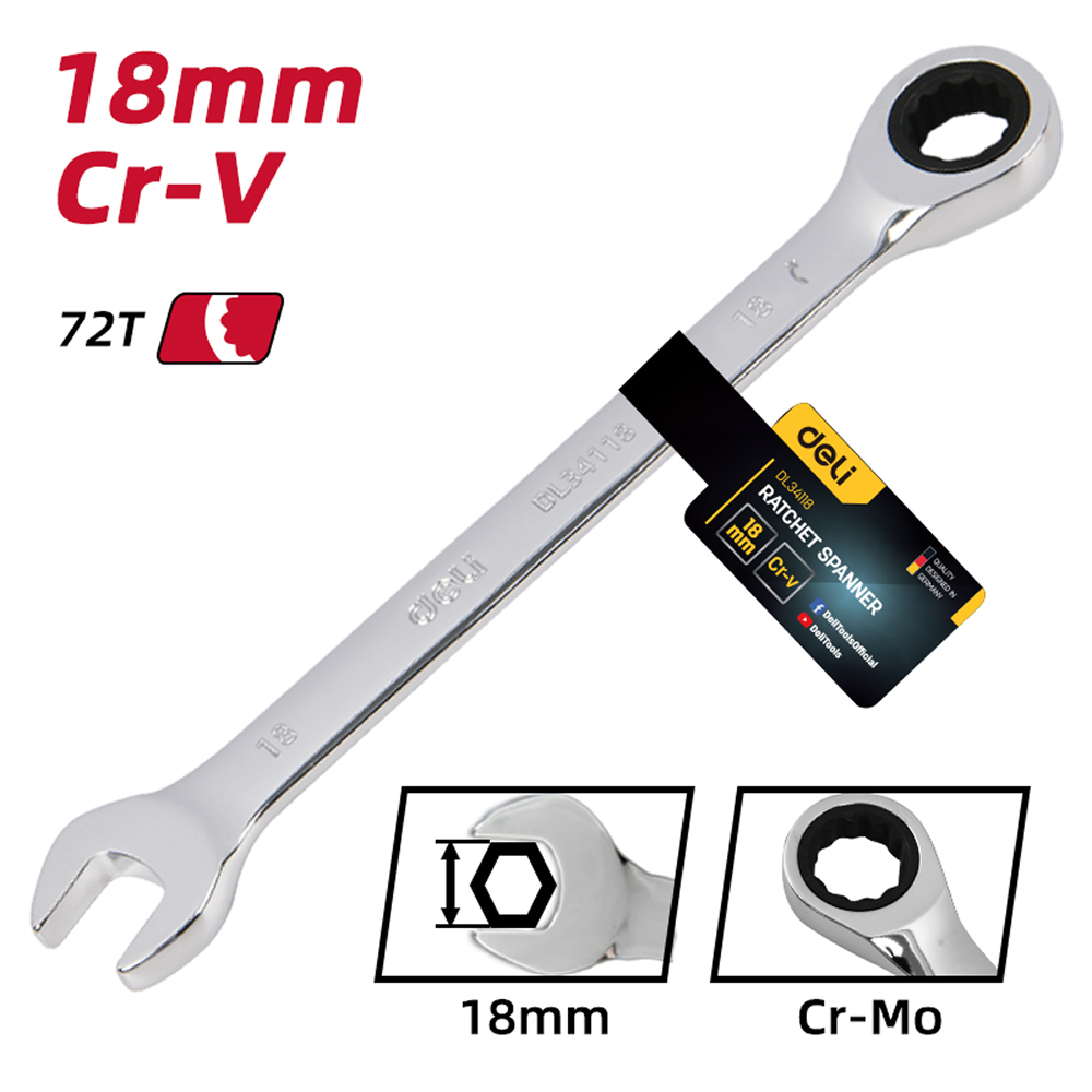 Ключ комбинированный Deli YS EDL34118, 18 мм, с трещоткой, 72 зуба - 6
