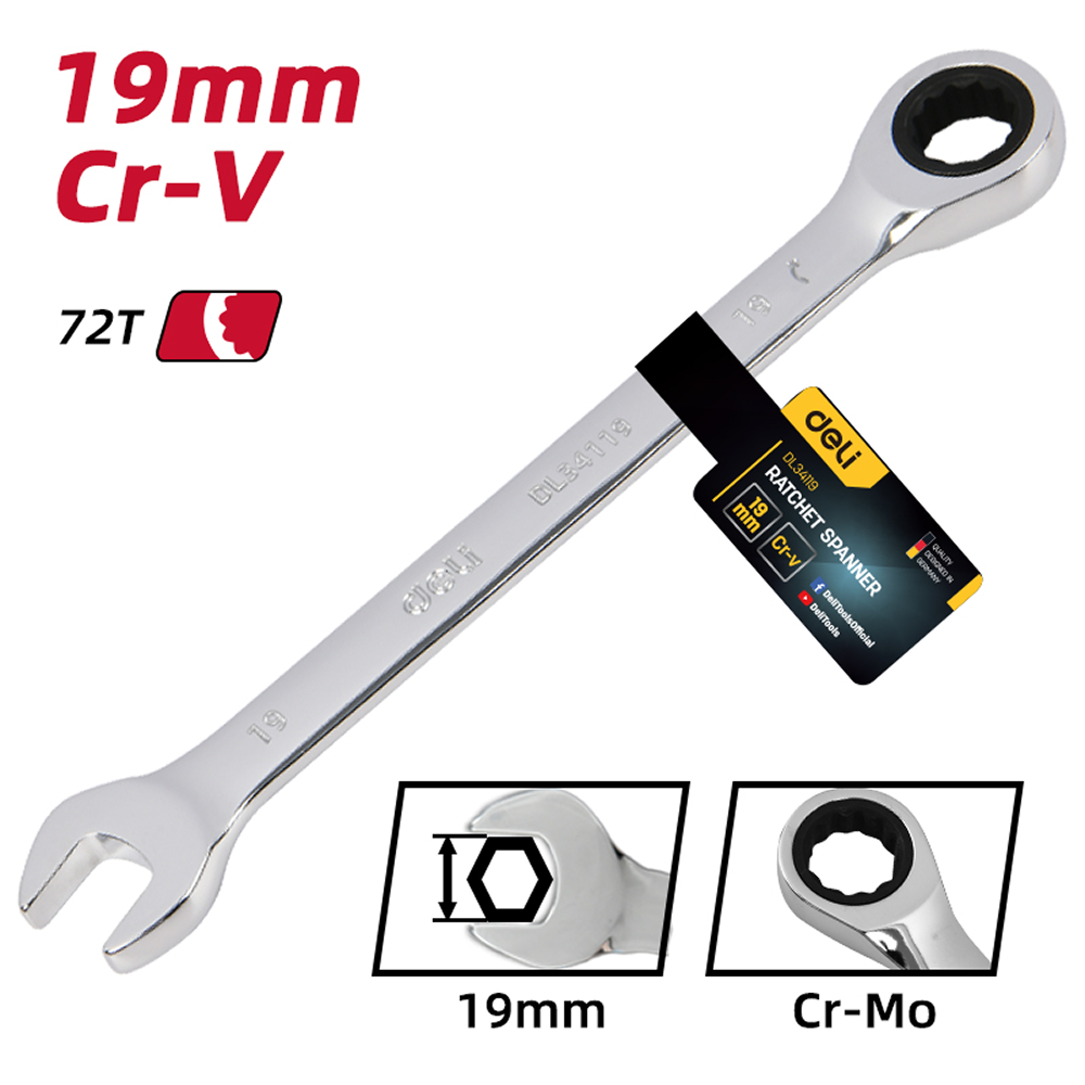 Ключ комбинированный Deli YS EDL34119, 19 мм, с трещоткой, 72 зуба - 6