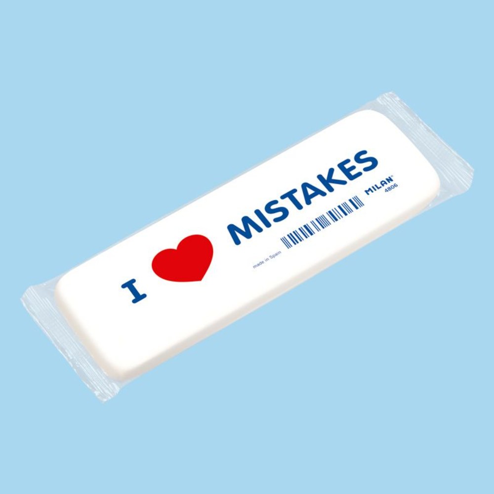 Ластик Milan "I love mistakes", 14x4,4 см, белый